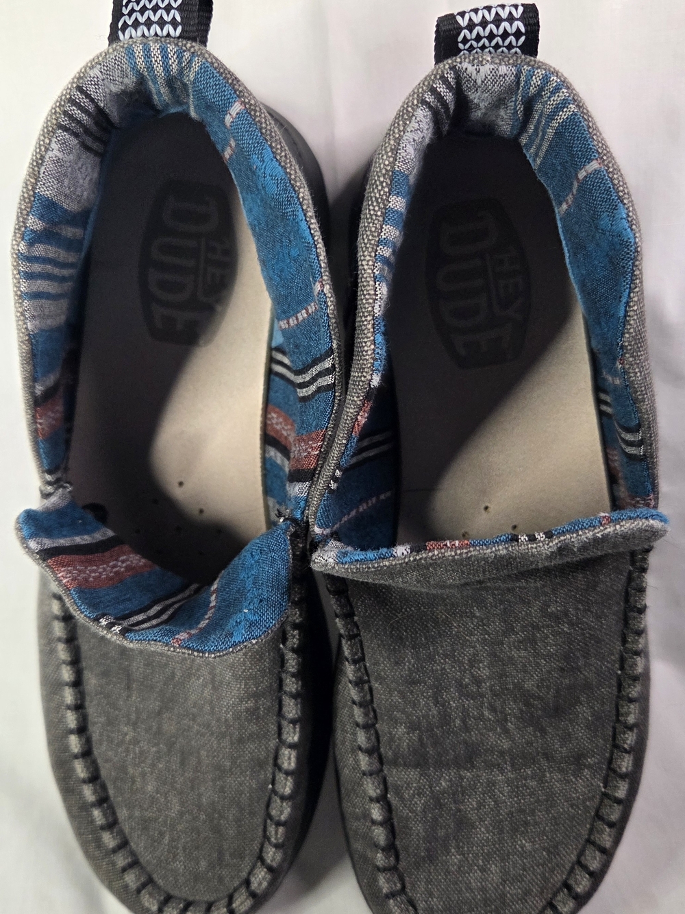 Women's Hey Dude Denny Crafted Gray Blue Blk Booties Shoe Moc Slip On Aztec Sz 8